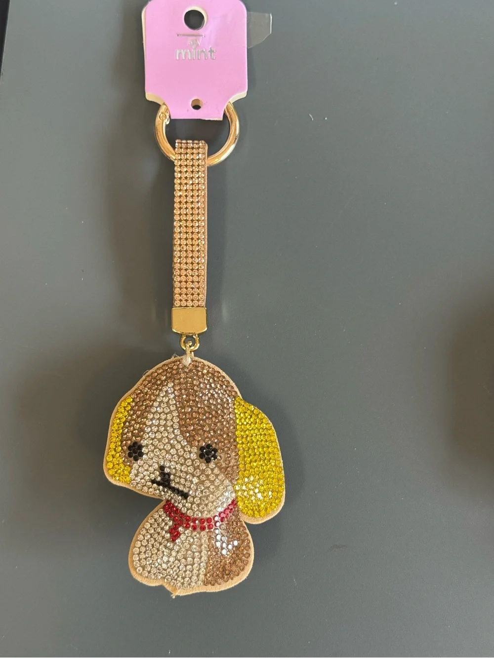 NWT Mint Rhinestone Puppy Dog Keychain Bag Charm Tan